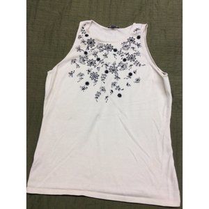 Ann Taylor White with Black Floral Design Tank Top Small